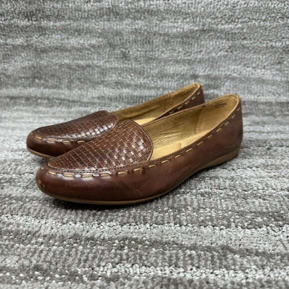BORN Women's 6.5 Maple Loafers Brown  Leather Basket Weave Boho Look - Picture 2 of 9